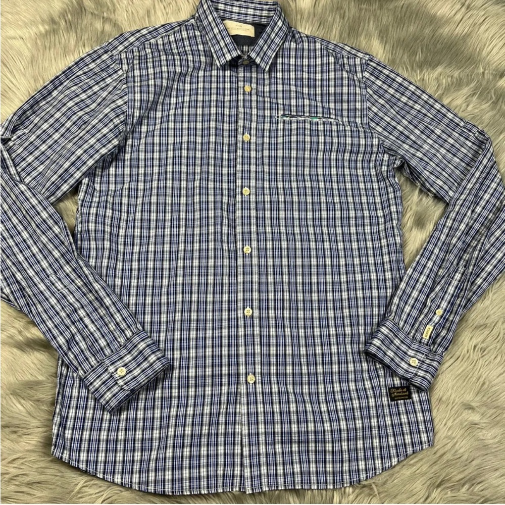 Scotch And Soda Blue Plaid Long Sleeve Pocket Square Shirt Size Large